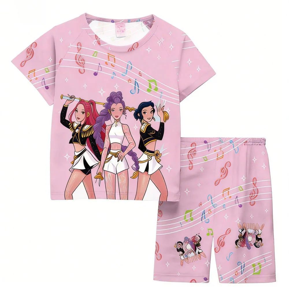 Girls Pajamas Sets Kids Toddler 3 to 8 10 11 12 Years Kpop Demon Hunters Summer Pjs Tops+Shorts Two Pieces Pijamas Sleepwear Set