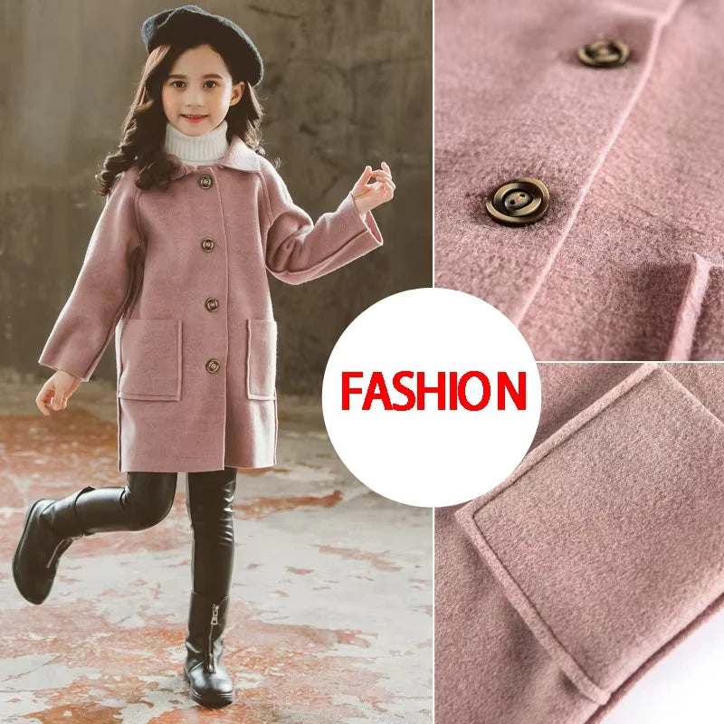 Kids Winter Wool Blend Coats Vintage Fashion Teen Girls Beige Long Jackets Warm Outerwear Thick Jacket Child 6 8 10 12 Years Old