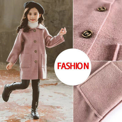 Kids Winter Wool Blend Coats Vintage Fashion Teen Girls Beige Long Jackets Warm Outerwear Thick Jacket Child 6 8 10 12 Years Old