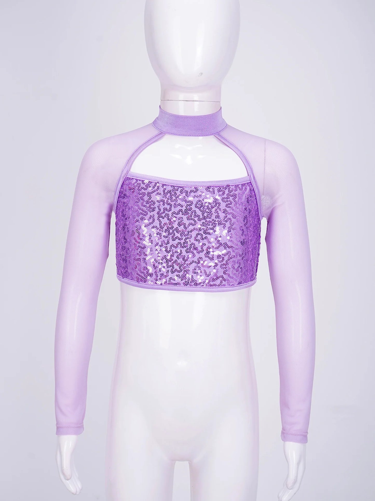 Teen Girls Hip Hop Jazz Street Dance Top Long Sleeve Shiny Sequin Mesh Crop T-shirt Yoga Sportswear Skating Gymnastics Dancewear