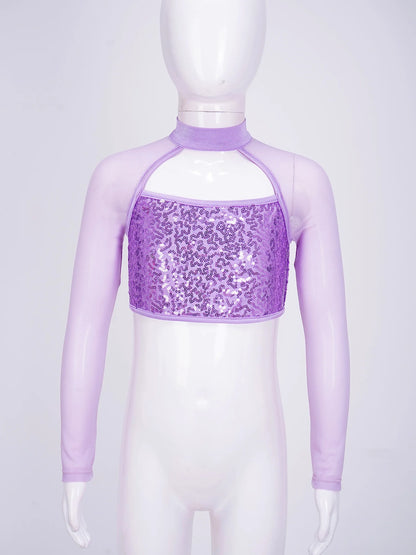 Teen Girls Hip Hop Jazz Street Dance Top Long Sleeve Shiny Sequin Mesh Crop T-shirt Yoga Sportswear Skating Gymnastics Dancewear