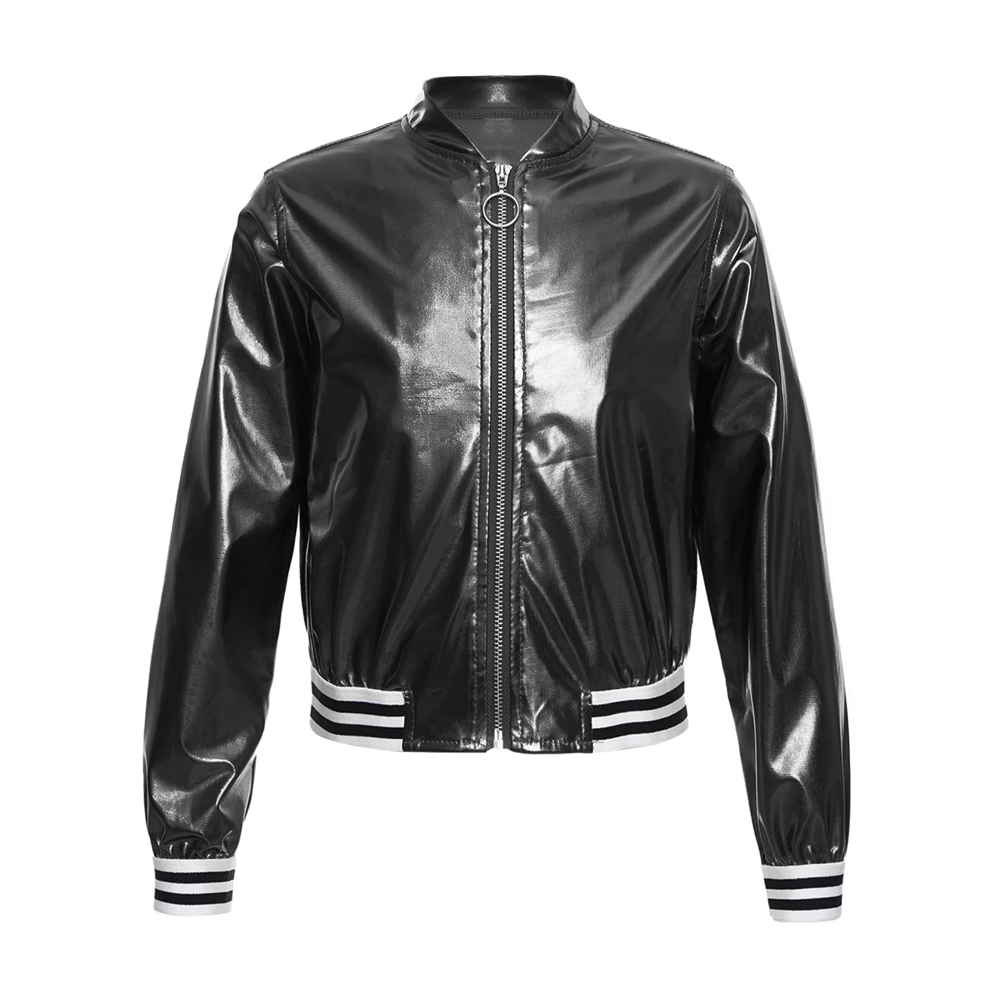 Kids Girls Long Sleeve Casual Sports Bomber Jackets Jazz Hip-hop Street Dance Costume Boys Shiny Metallic Baseball Outwear Coats