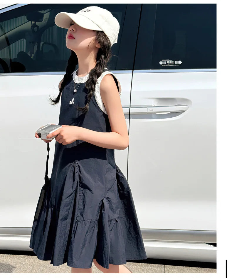 New Summer Girls Princess Dress Kids Sleeveless Dress with Ruffles Design Dresses for Teen Child Casual Vacation Beach Dress