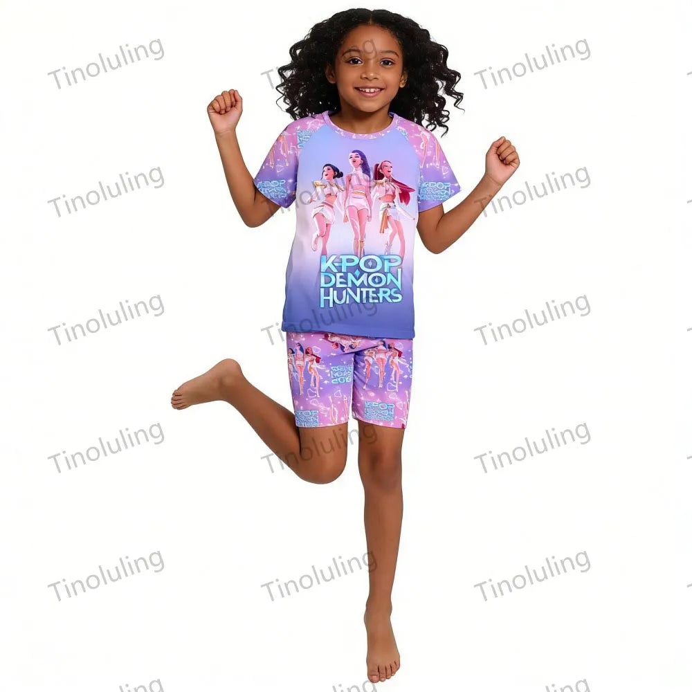 Girls Pajamas Sets Kids Toddler 3 to 8 10 11 12 Years Kpop Demon Hunters Summer Pjs Tops+Shorts Two Pieces Pijamas Sleepwear Set