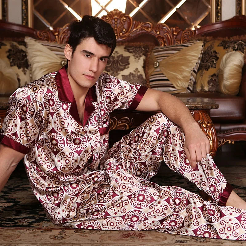 Spring Autumn New Male 2PCS Pajamas Set Sleepwear Print Long Sleeve Trouser Pijamas Suit Loungewear Loose Silk Satin Home Wear