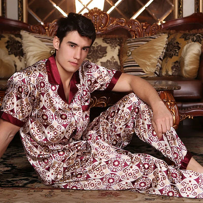 Spring Autumn New Male 2PCS Pajamas Set Sleepwear Print Long Sleeve Trouser Pijamas Suit Loungewear Loose Silk Satin Home Wear