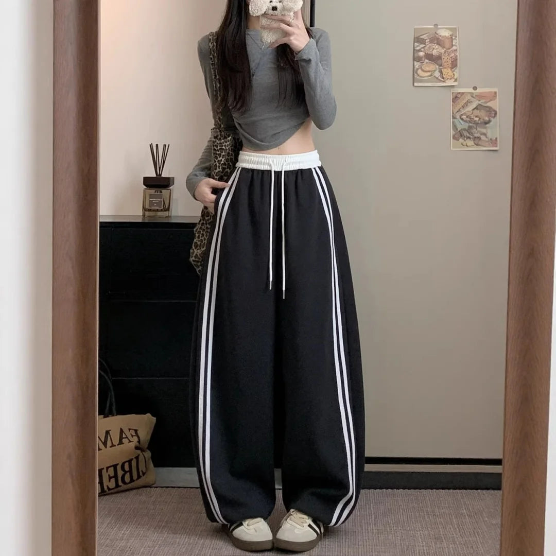 Girls Sweatpants Elastic Waist Drawstring Side Double Striped High Waist Loose Fit Wide Leg Straight Cut Casual Pants Streetwear