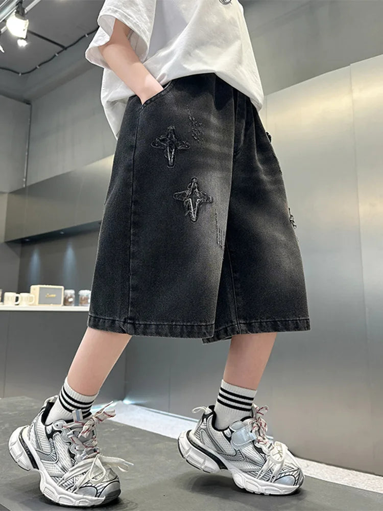 Boy Star Jeans 2025 Summer New Fashion Pocket Stretch Boys Denim Mid-Pants Childrens Boys Casual Cropped Pants 3-15 Years Old