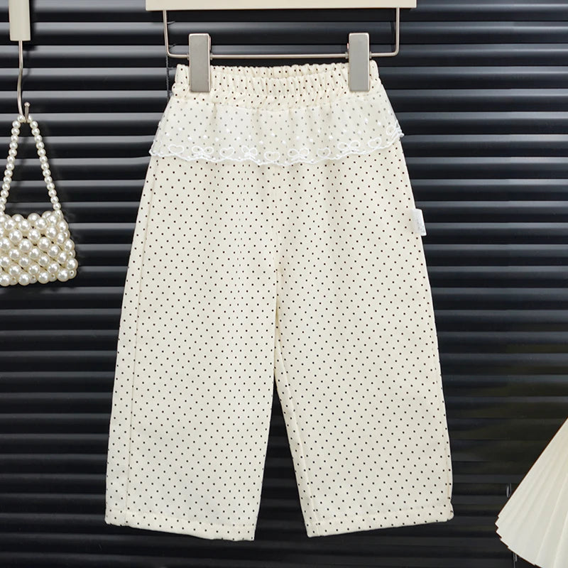 Girls' Pants Spring and Autumn Straight-Leg Pants Fashionable Beige Polka Dot Wide Leg Pants Cotton Lace Side Long Pants