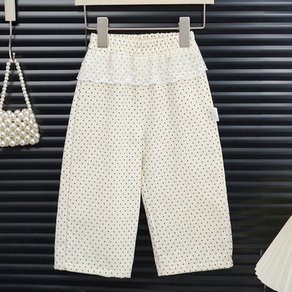 Girls' Pants Spring and Autumn Straight-Leg Pants Fashionable Beige Polka Dot Wide Leg Pants Cotton Lace Side Long Pants