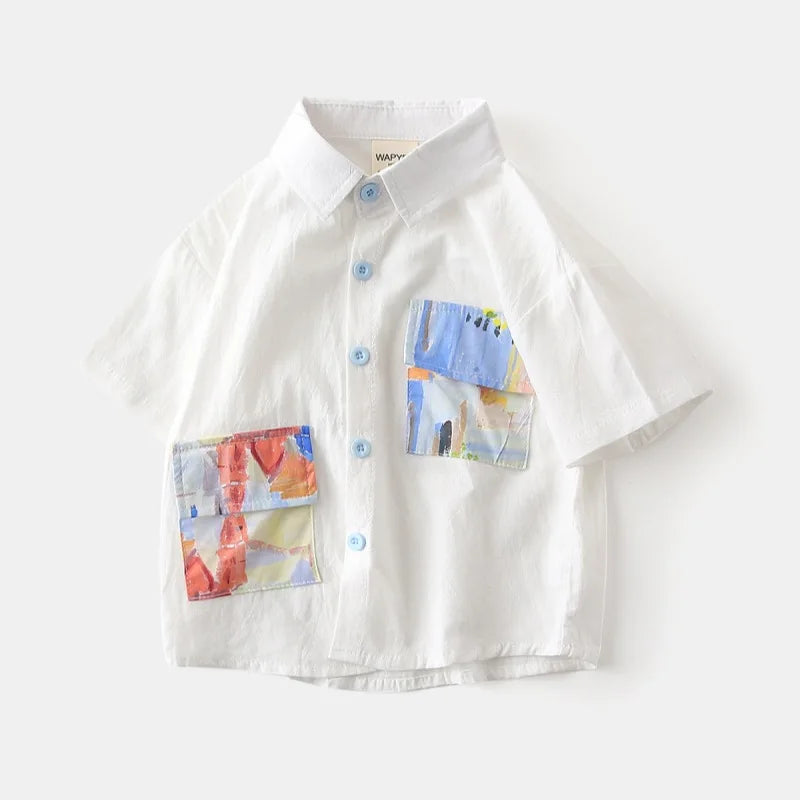 Cute Children's Shirts 2025 Boy Shirts 100% Cotton Short Sleeve White Blue Kids Summer Clothes Toddler Baby 1 to 2 3 4 5 6 7 Yrs