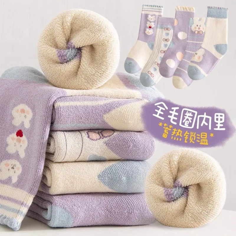 5 pairs of thick socks for girls in winter, medium to large-sized long tube looped socks with fleece added