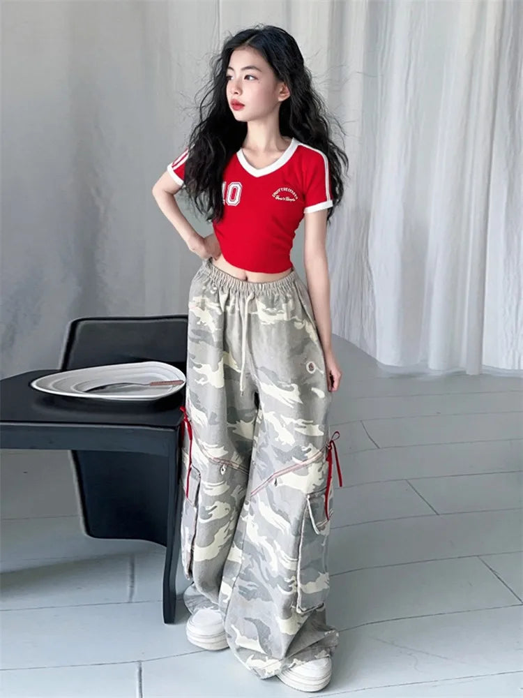 Girls' camouflage pants trendy wide leg pants spring&autumn New fashion big children's Korean version work pants Kids trousers