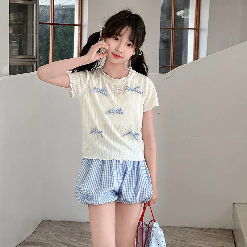 Teen Girls Clothing Sets of Clothes for Fitness Summer Outfit Korean Kids Clothing for Child Brief T-shirt Shorts 2PCS Suit 5-14