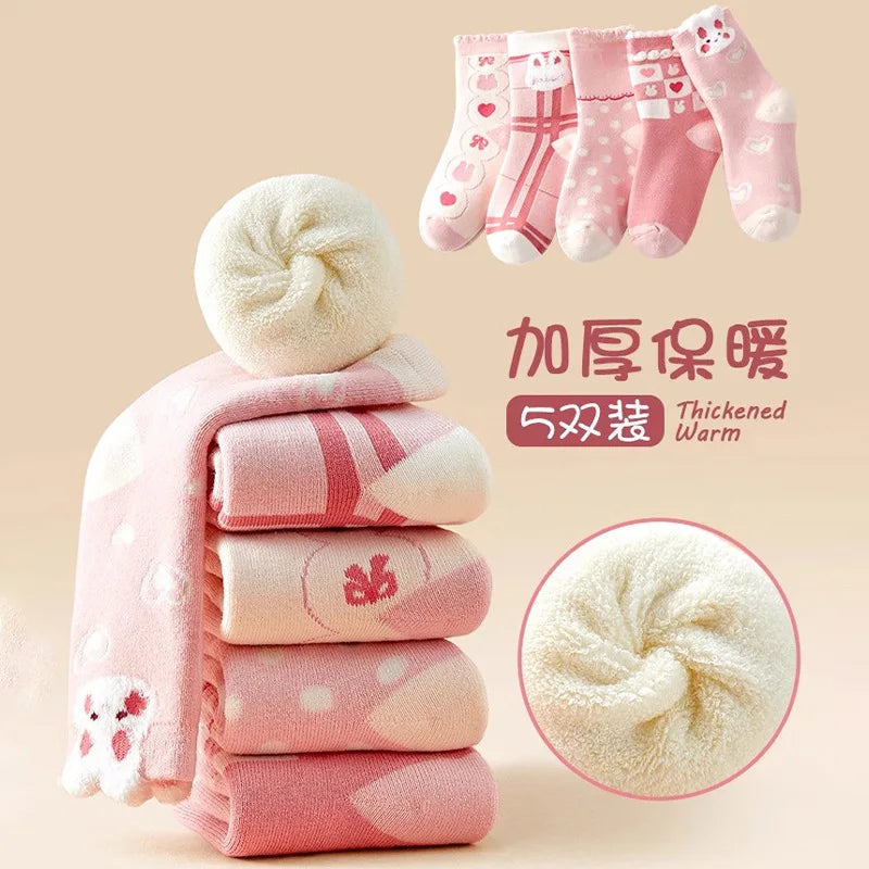 5 pairs of thick socks for girls in winter, medium to large-sized long tube looped socks with fleece added