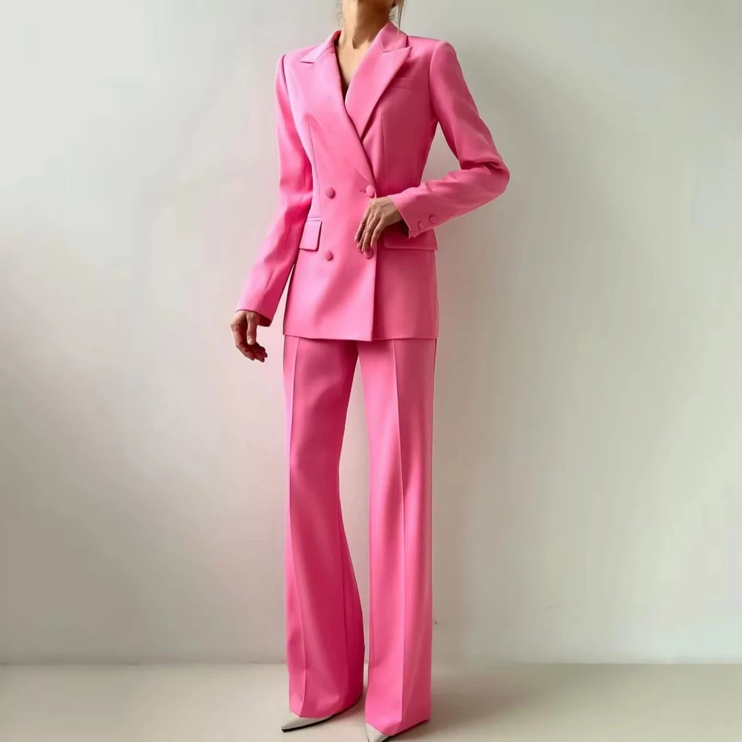 Women Suit 2 Pieces Rose Pink With Lapel Double Button For Wedding Banquet Party Business Office Commute Daily Blazer And Pants
