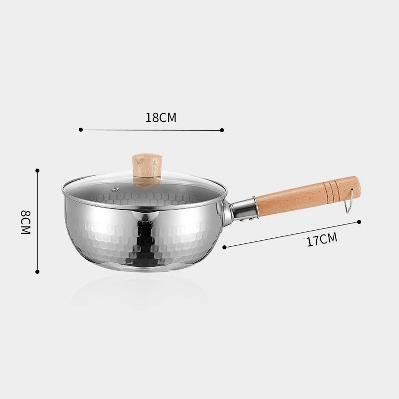 Stainless Steel Pan Japanese Snow Pan Wooden Handle Lid Stew Pots Fry Wok Saucepan Milk Pot Kitchen Utensils Practical Cookware