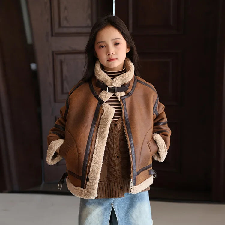 2026 Winter Kids Suede Leather Jacket Boys Girls Faux Fur Coat Thick Warm Fleece Outerwear Teen Children Top Clothes 2-15 Years