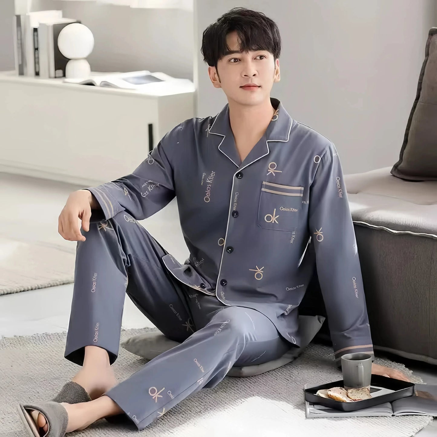 New Men's Pajamas Spring and Autumn Set, Can Be Worn Outside, Cardigan Loungewear, Casual Long-Sleeved, Large Size, Loose Fit, Autumn and Winter