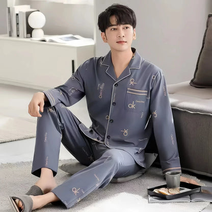 New Men's Pajamas Spring and Autumn Set, Can Be Worn Outside, Cardigan Loungewear, Casual Long-Sleeved, Large Size, Loose Fit, Autumn and Winter