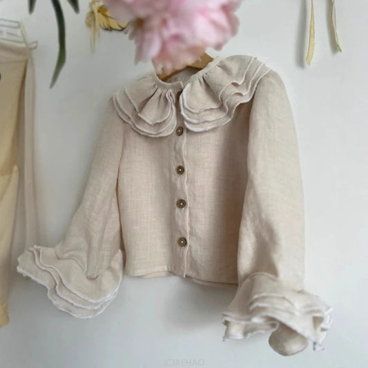 Teen Girl Clothes Kids Kids Long Sleeve Top Costume Spring Autumn French Style Girls Linen Blouse Layered Lace Shirt Versatile