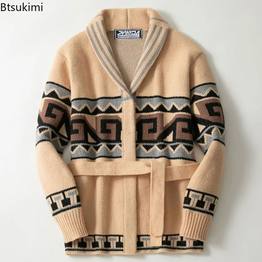 Men Sweaters Vintage Striped Thicken Knitted Buttons Lace-up Cardigan Sweaters Fashion Jacquard Mid-length Sweater Coats for Men