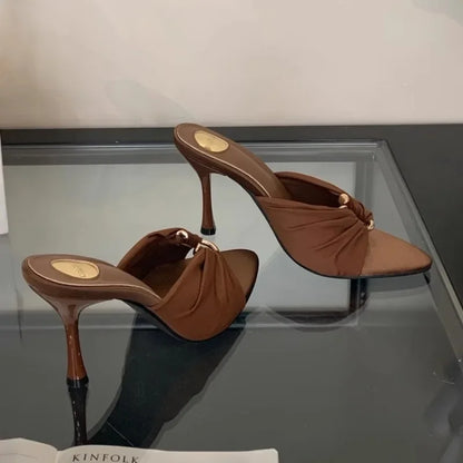 Women's High Heels Slippers Pointed Toe Metal Decoration Thin Heels Shoes Women Dress Fashion Korean Style Zapatillas De Mujer