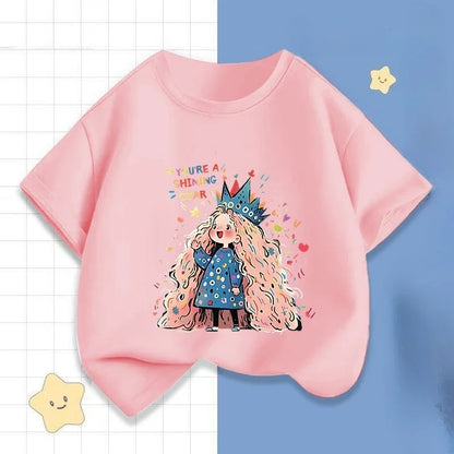 Girls' Summer Cartoon Short-sleeved T-shirt, New Round Neck Color-blocking Half-sleeved Little Girls' Printed Casual Top In
