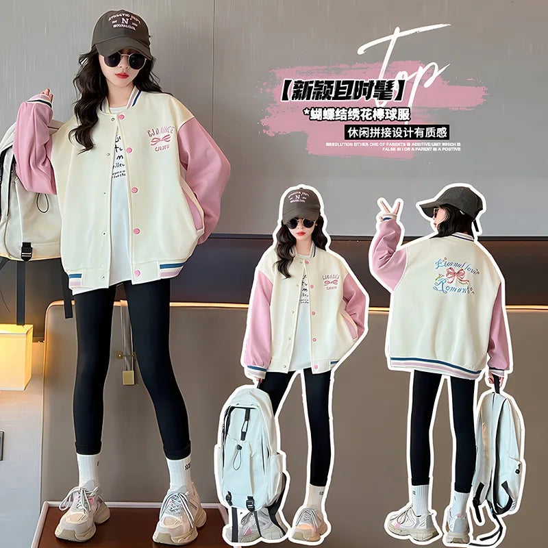 Girls Spring Autumn Jacket New Korean Style Front And Back Butterfly Knot Baseball Coat Teenage Children's Jacket