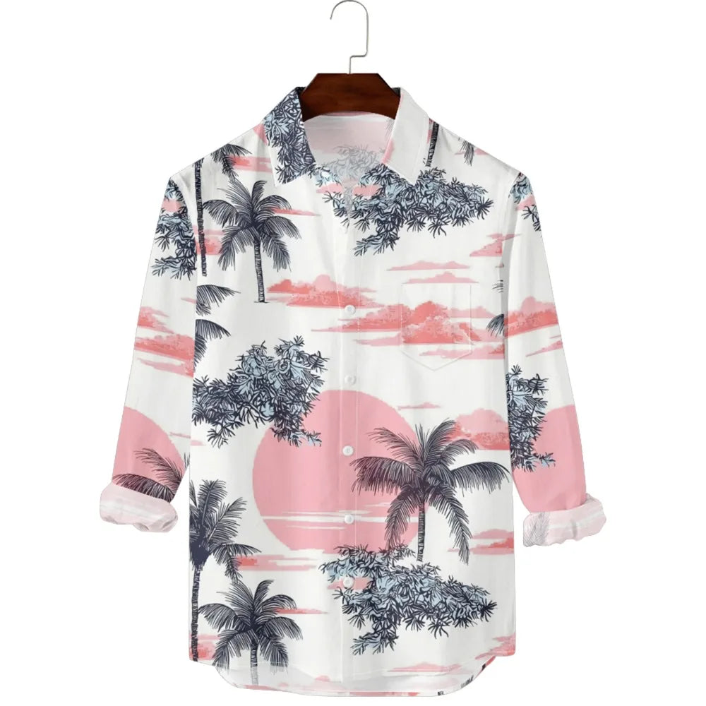Hawaiian Men Shirts Sunset Oasis Palms Print Full Sleeve Streetwear Button Up Casual Beach to Bar Parties Poolside Shirt Pocket