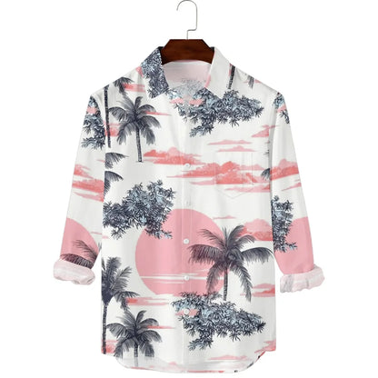 Hawaiian Men Shirts Sunset Oasis Palms Print Full Sleeve Streetwear Button Up Casual Beach to Bar Parties Poolside Shirt Pocket