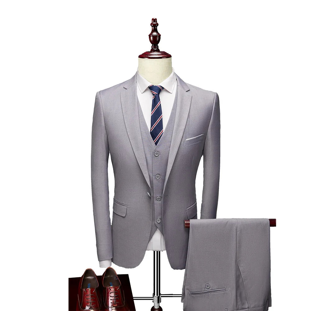 Man Suit Set Simple Solid Color Long Sleeve Male Outfit Single-breasted Slim Business Wedding Versatile Men Three-piece Suits