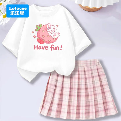 Girls' Trendy School Outfit - Cartoon Music Guitar Rabbit Print Tee + Plaid Skirt Two-Piece Set Teenage Girls Clothes Set