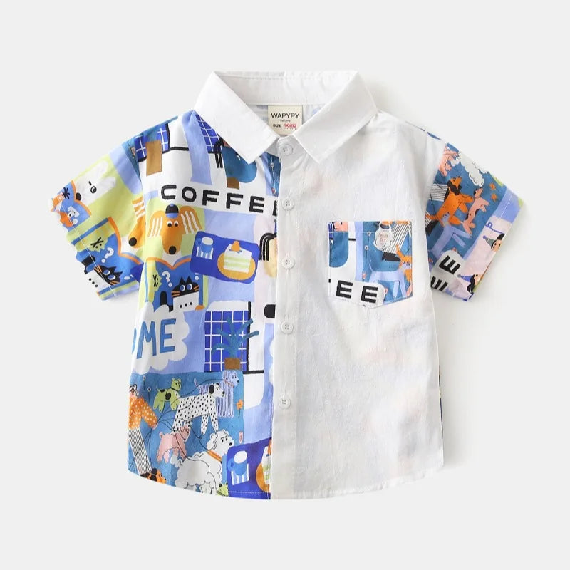 Cute Children's Shirts 2025 Boy Shirts 100% Cotton Short Sleeve White Blue Kids Summer Clothes Toddler Baby 1 to 2 3 4 5 6 7 Yrs