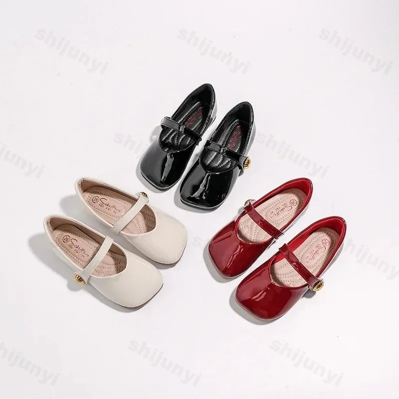 2025 Girl's Leather Shoes Square Toe Elegant Shallow Kids Mary Janes Flat Sole Comfy Children Single Shoes Girls Princess Shoes