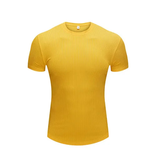 Men's Muscle Shirts Short Sleeve Casual Slim Fit Workout Tshirts Striped Curved Hem Light Weight Elastic