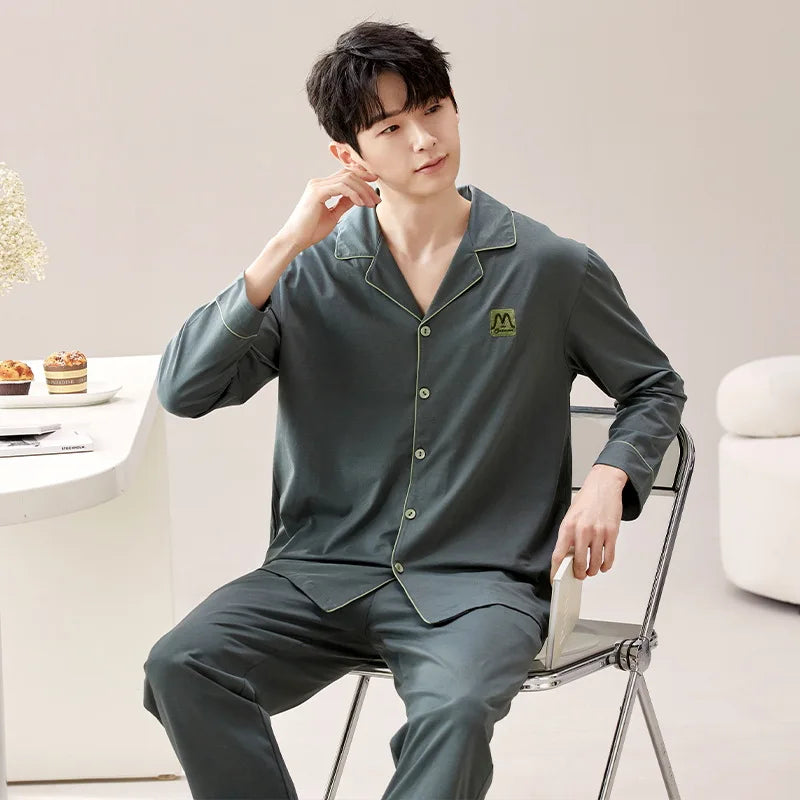 Pajamas for Men Spring Autumn Long Sleeve Lapel Button-up Cardigan Trousers Two-pieces Loose Casual Home Clothes Men Pajama Sets