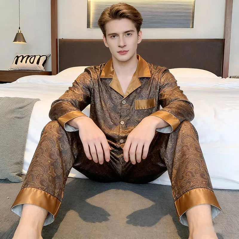 Plus Size Men's Pajamas 2PCS Sleepwear Set Fashion Print Silk Satin Trouser Pijamas Suit Spring New Male Home Clothes Loungewear