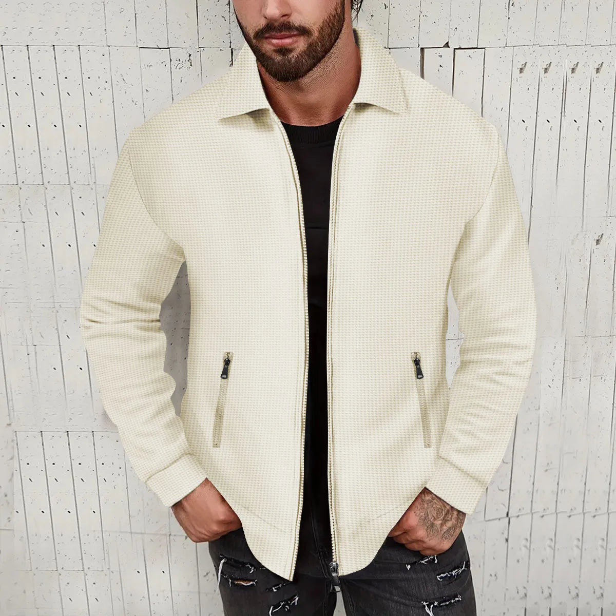Teen Boys New Textured Waffle Zip Up Jacket Men's Casual Long Sleeve Coat With Zipper Pockets