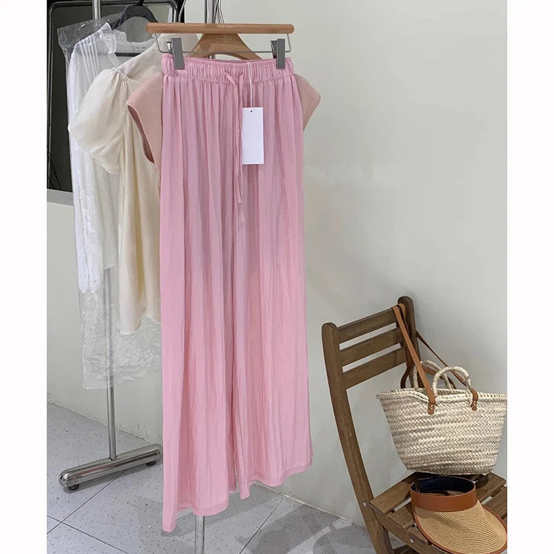 Girls High Waist Straight Leg Casual Pants Lady Drawstring Ice Silk Trousers Hot Sale Women Solid Loose Fit Pants