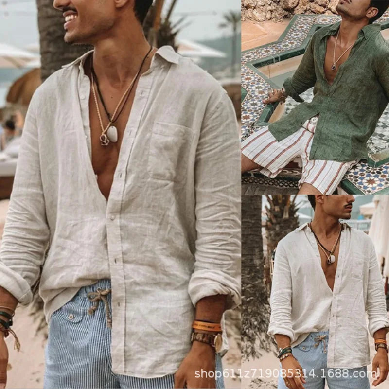 Beach Shirt Men's Casual Shirt Long Sleeve Lapel Cardigan Solid Color Cotton Linen Shirt Men's Tops Light Breathable Streetwear