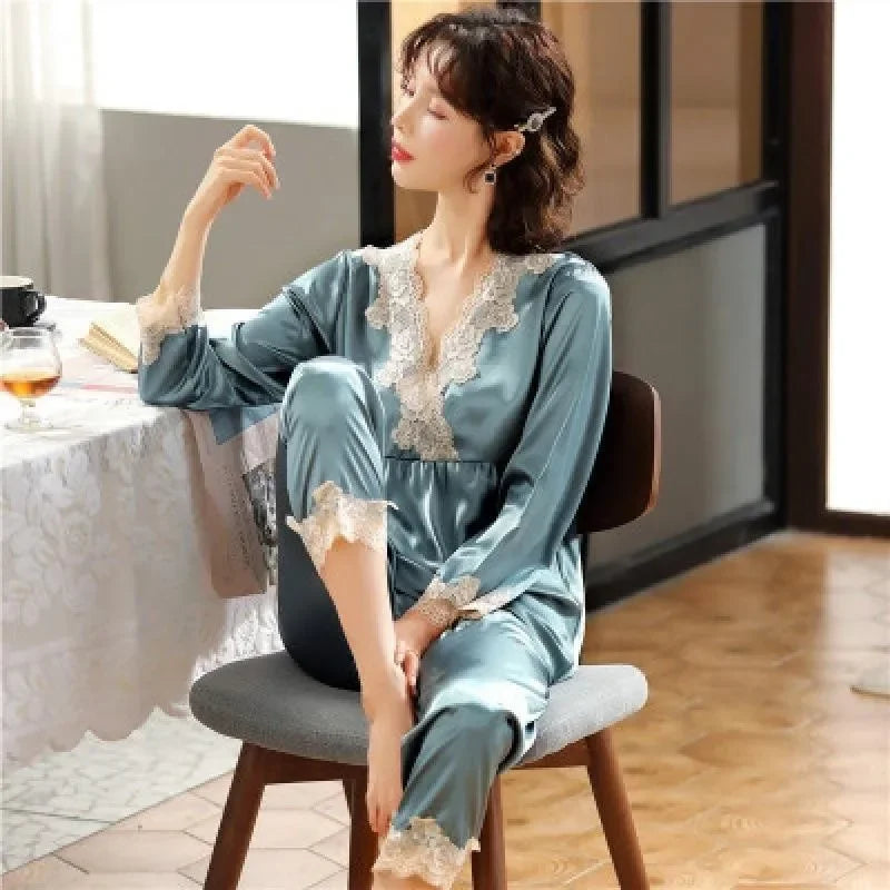 Girls' faux ice silk pyjamas, ladies' long-sleeved lace green premium feeling two-piece set of sweet loungewear, love blue cloth