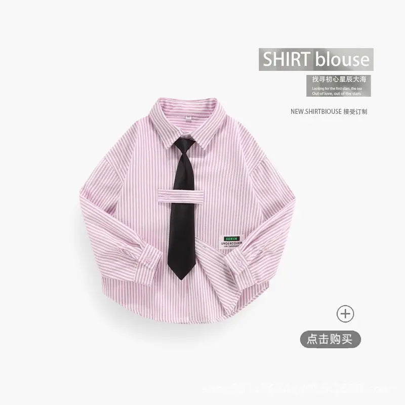 Girls Boys Blouses Long Sleeved Shirts Teens England Style Outerwear Kids Necktie Jacket 2024 Spring Autumn Children's Clothing