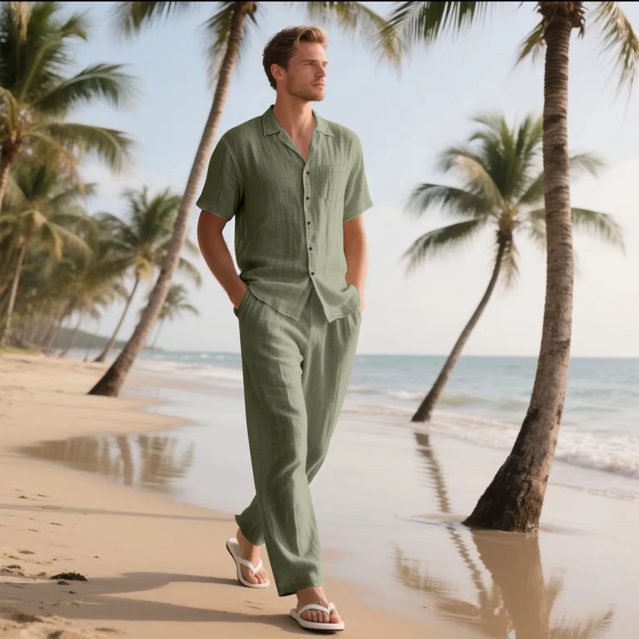 2025 Summer Beach Men's Linen Short Sleeve Shirt Set Is a Two-piece Long Trouser Set Suitable for Casual Daily Beach Holidays