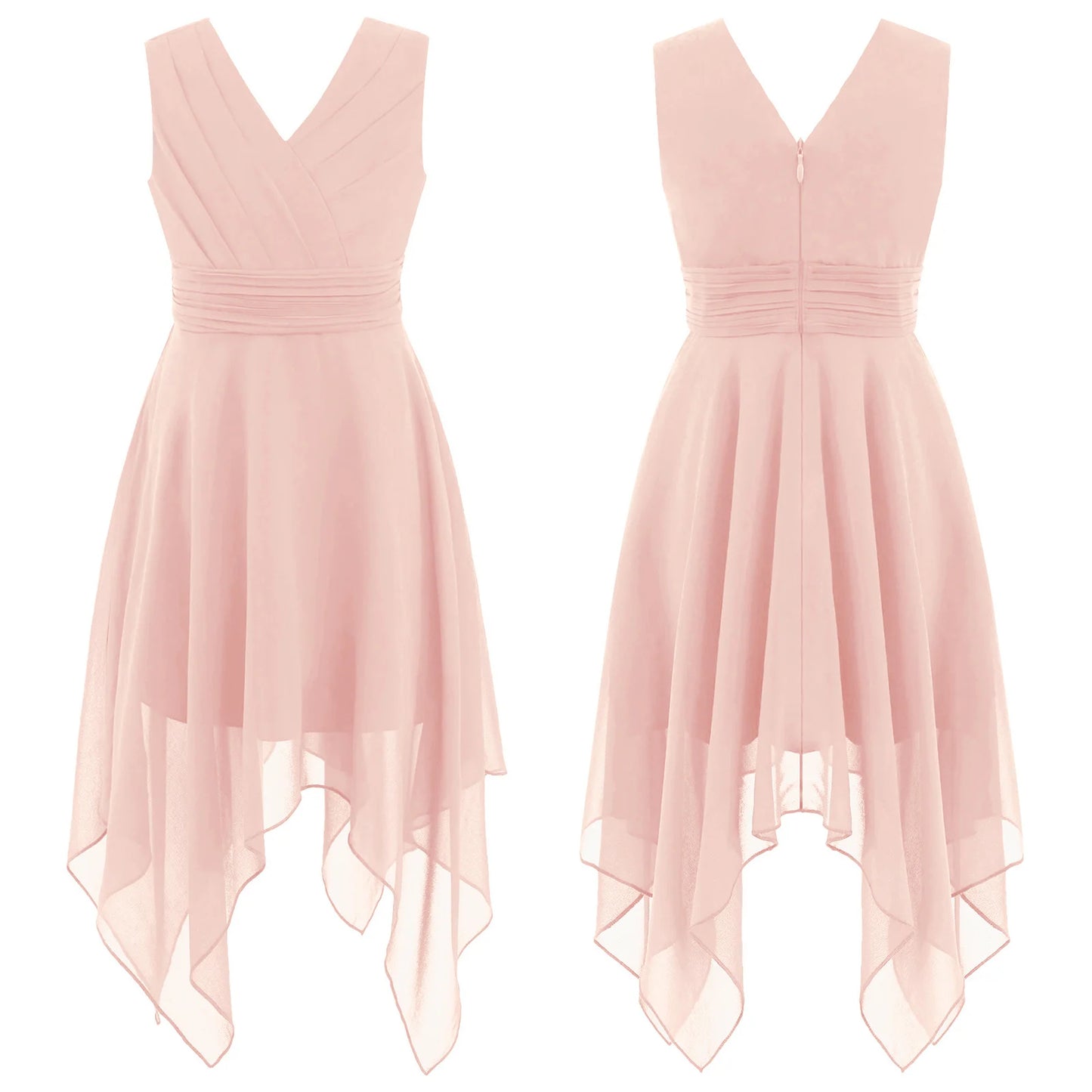 Teen Girls Elegant Scoop Neck Floral Lace Formal Wedding Party Dress Flower Girls Long Sleeve High-Low Chiffon Bridesmaid Dress