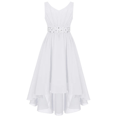 Elegant Girl Shiny Beaded Dress Teen Girl Pink First Communion Ceremony Hi-Lo Hem Vestidos Kids Bridesmild Flower Girls Ball Gow