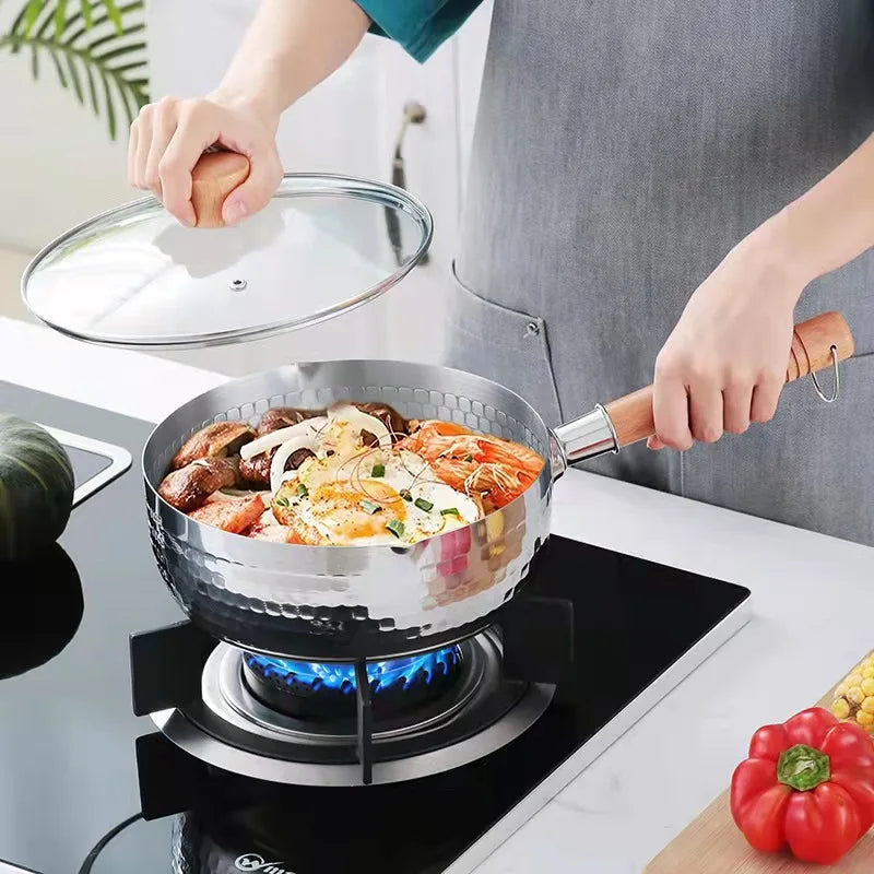 Stainless Steel Pan Japanese Snow Pan Wooden Handle Lid Stew Pots Fry Wok Saucepan Milk Pot Kitchen Utensils Practical Cookware