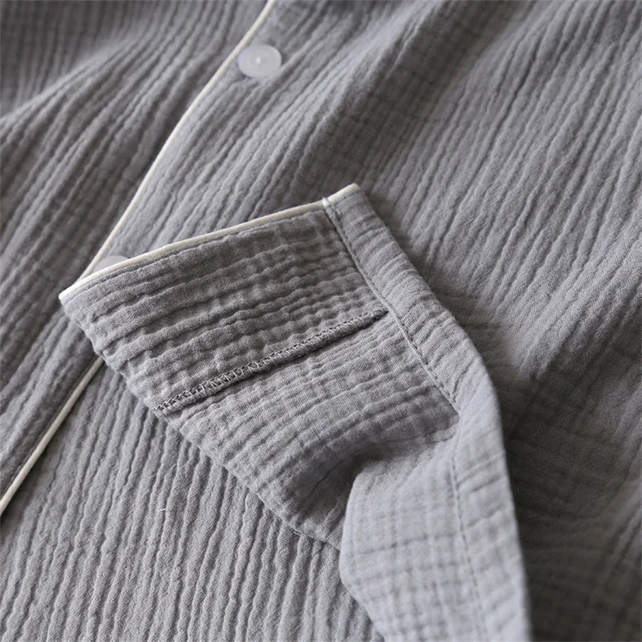 2025 New Summer Men Pajamas Suit Cotton Crepe Gauze Solid Color Simple Short-sleeved Shirt Shorts Sleepwear Men's Loungewear