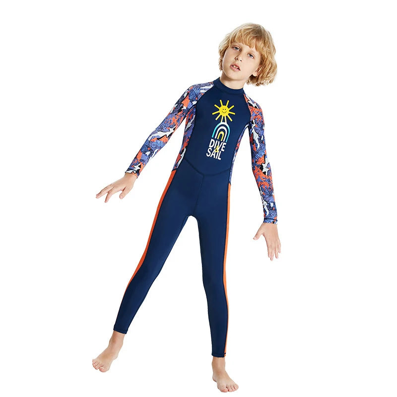 Boys Girls One-Piece Swimsuits Swimwear Long Sleeve Wetsuits Bathing Suit Beachwear Sun Protection(Including Swimming Cap)