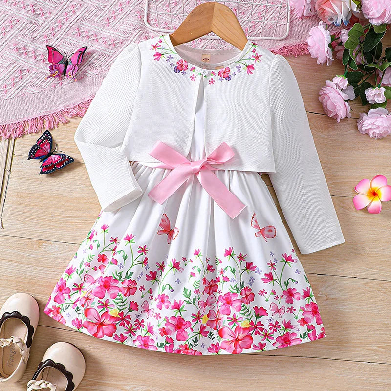 Kids Casual Clothing Sets Outfits For Girls Spring Summer Toddler Floral Print Long Sleeve Coat Tank Dress Children Clothes